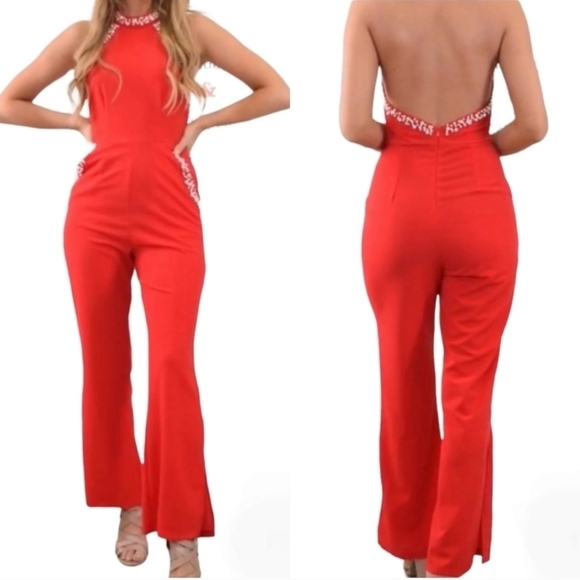 Red Jumpsuit with pearl and plunging back - Picture 2 of 9